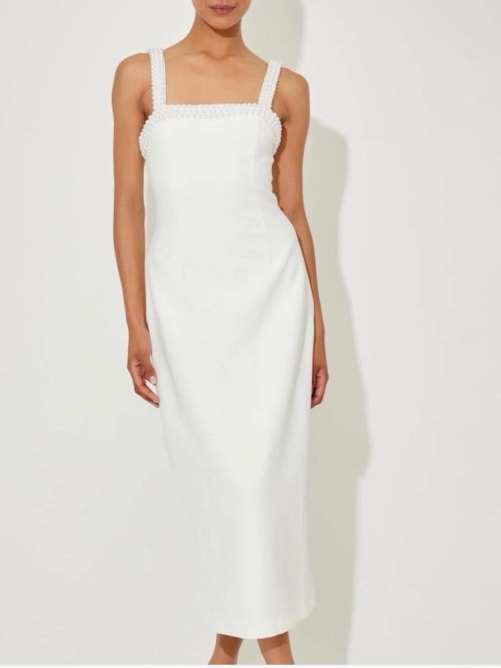 Muse White Beaded-Strap Square-Neck Midi Dress